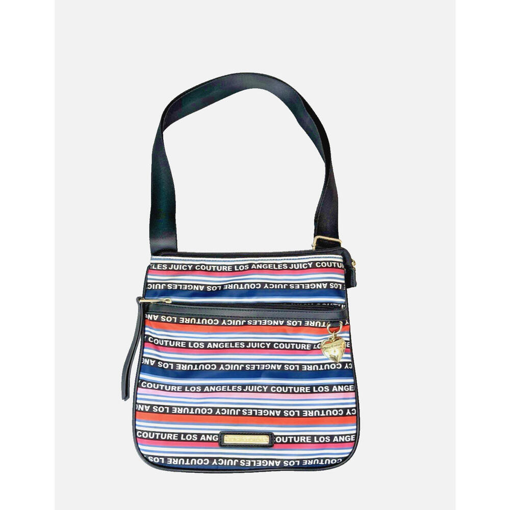 Juicy Couture Los Angeles Logo Cross Body Bag Purse Stripes Square Adj Strap EUC